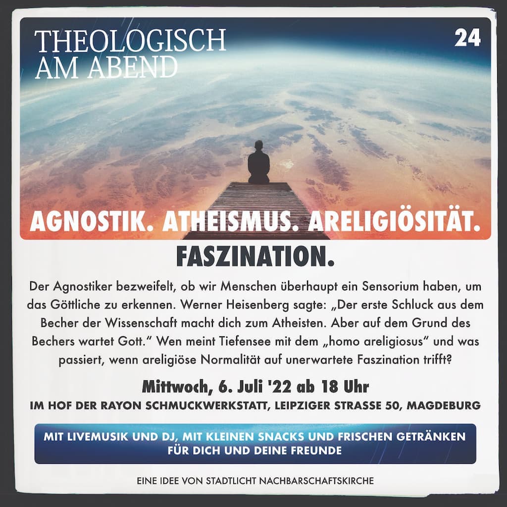 Flyer für Agnostik. Atheismus. Areligiösität. Faszination.